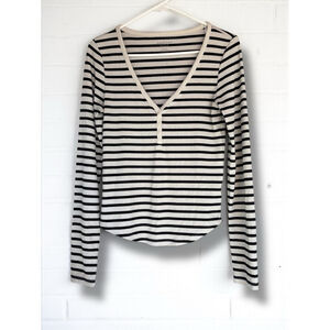American Eagle Womens Medium White & Black Striped Long Sleeve Henley Ribbed Top